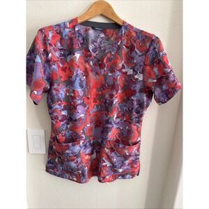 Women's Carhartt Scrub Top Floral Pink Purple Grey Floral Size Medium